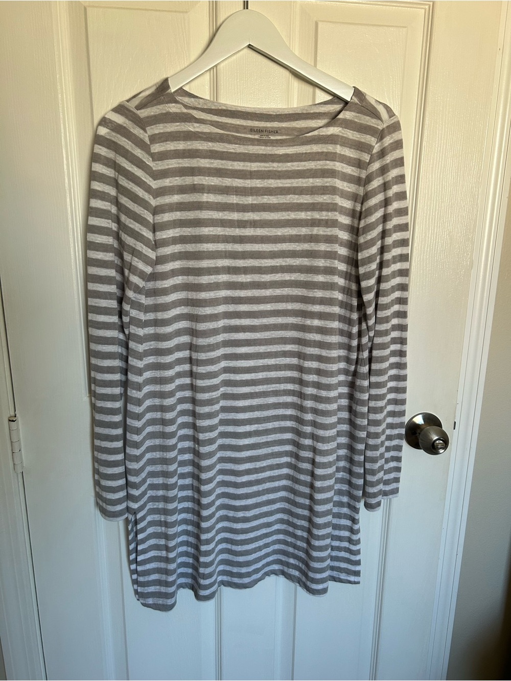 Eileen Fisher 100% Organic Linen Gray & White Striped Scoop Neck Tunic S/P